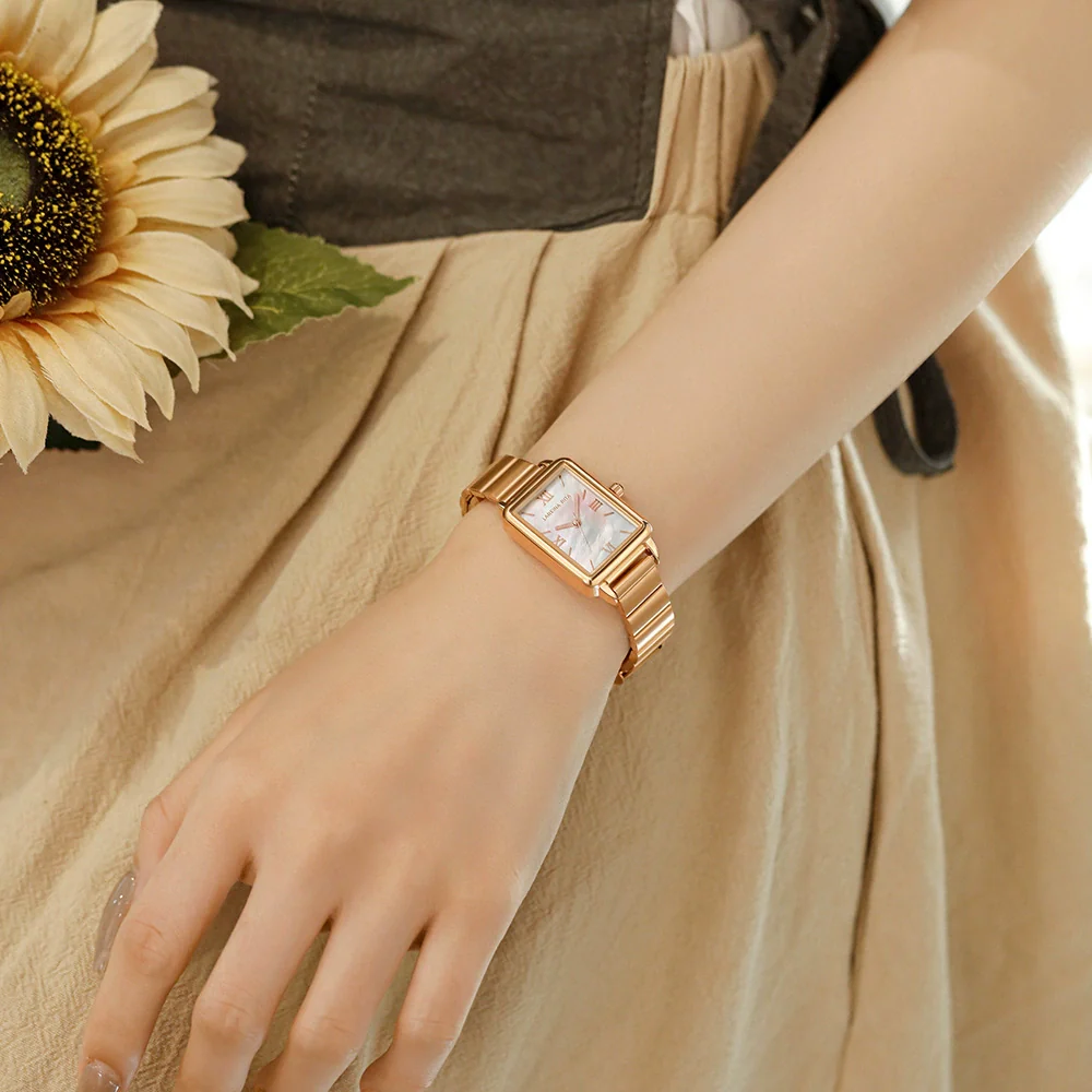 Women's Alloy Case Genuine Leather Strap Square Fashion Retro Waterproof Quartz Watch With Rose Gold Clasp And Mineral Strengthened Glass Mirror - Image 2