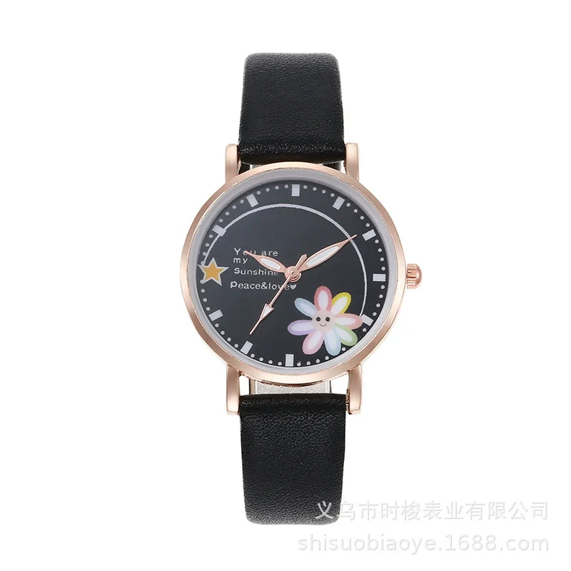Women's Alloy Case Imitation Leather Strap Round Dial Daisy Pattern Leisure Watch - Image 3