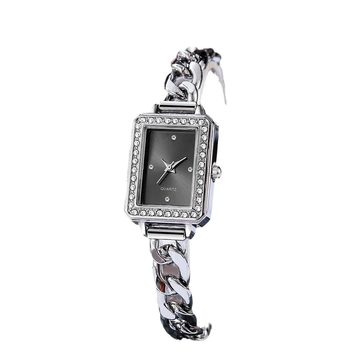 Women's Alloy Case Imitation Leather Strap Square And Round Dial Diamondencrusted Bracelet Watch Simple Retro And Leisure Style - Image 5