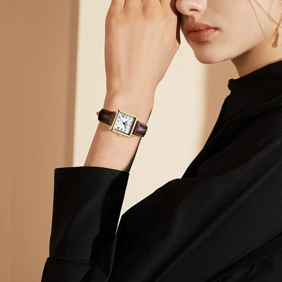 Women's Alloy Case Microfiber Strap Square Dial Waterproof Vintage Fashionable Watch With Square Steel Buckle - Image 2