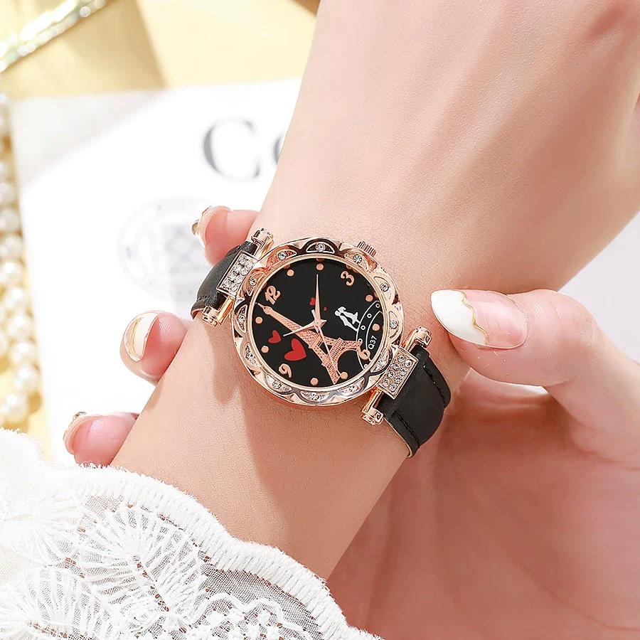 Women's Alloy Case Ordinary Glass Mirror Imitation Leather Strap Round Dial Business Style Belt Watch With Rhinestones