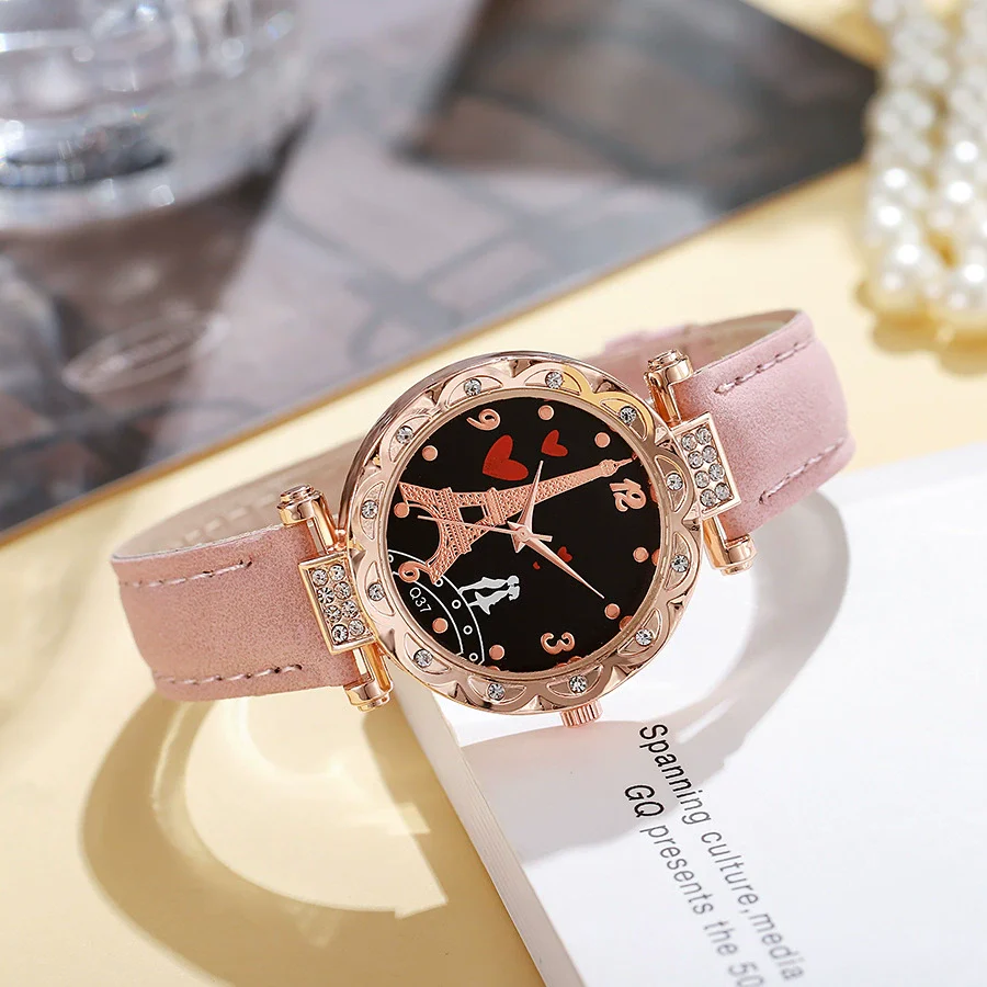 Women's Alloy Case Ordinary Glass Mirror Imitation Leather Strap Round Dial Business Style Belt Watch With Rhinestones - Image 2