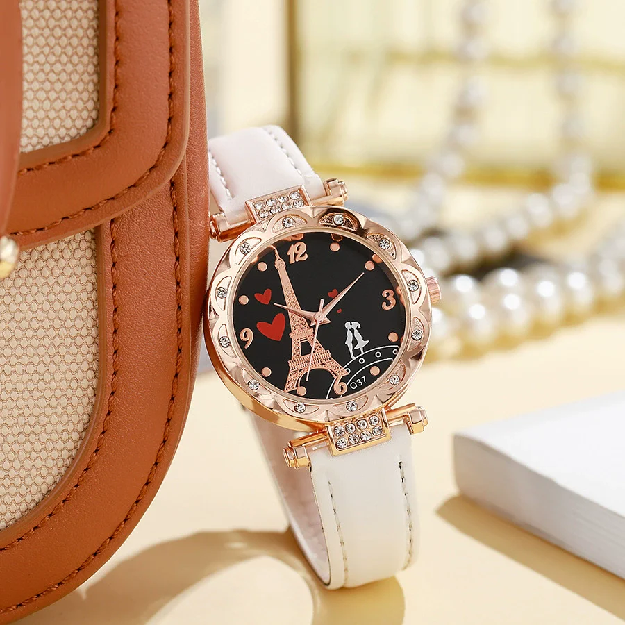 Women's Alloy Case Ordinary Glass Mirror Imitation Leather Strap Round Dial Business Style Belt Watch With Rhinestones - Image 3