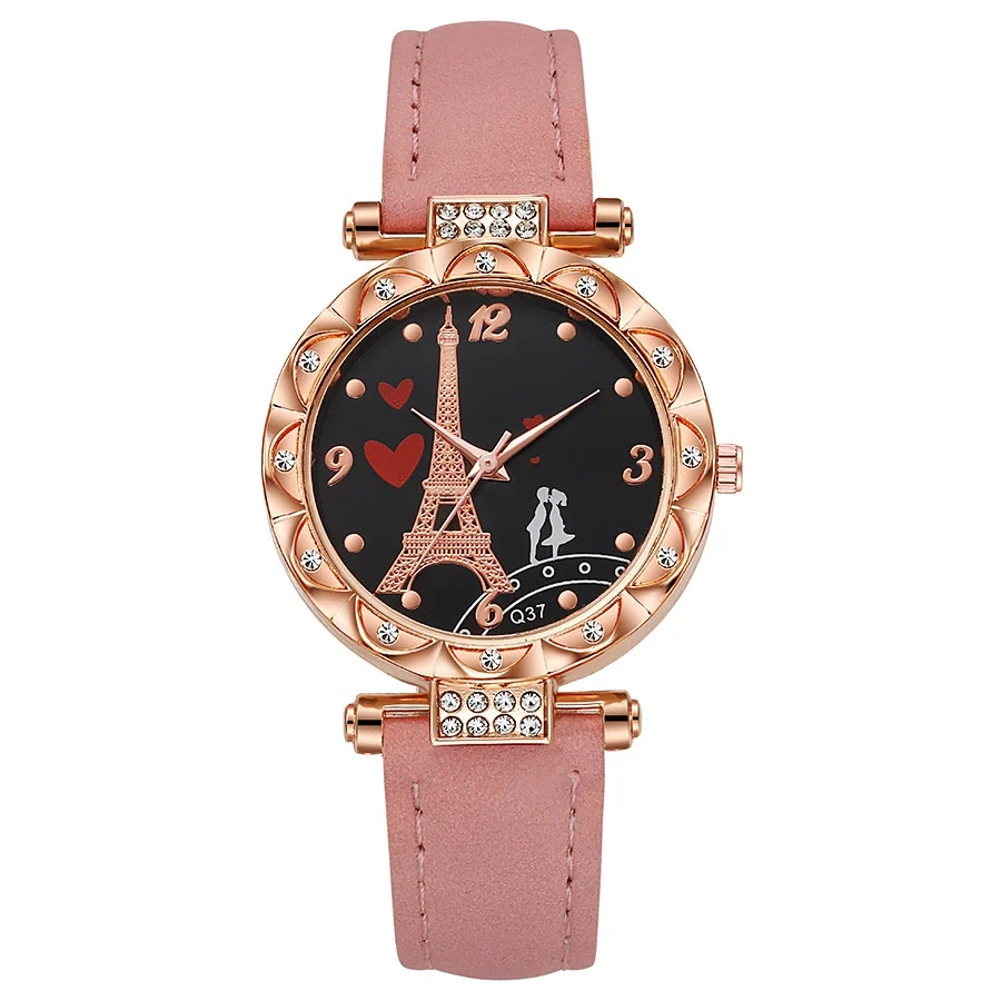 Women's Alloy Case Ordinary Glass Mirror Imitation Leather Strap Round Dial Business Style Belt Watch With Rhinestones - Image 4