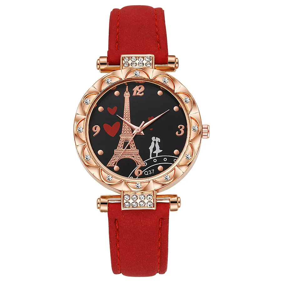 Women's Alloy Case Ordinary Glass Mirror Imitation Leather Strap Round Dial Business Style Belt Watch With Rhinestones - Image 5