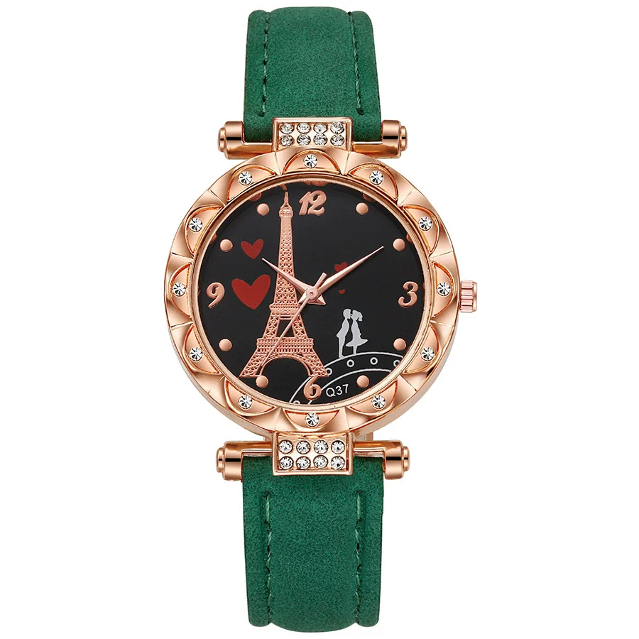 Women's Alloy Case Ordinary Glass Mirror Imitation Leather Strap Round Dial Business Style Belt Watch With Rhinestones - Image 7