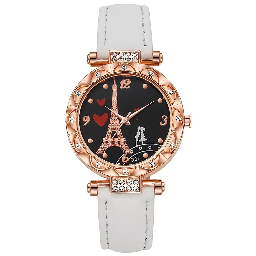 Women's Alloy Case Ordinary Glass Mirror Imitation Leather Strap Round Dial Business Style Belt Watch With Rhinestones - Image 9