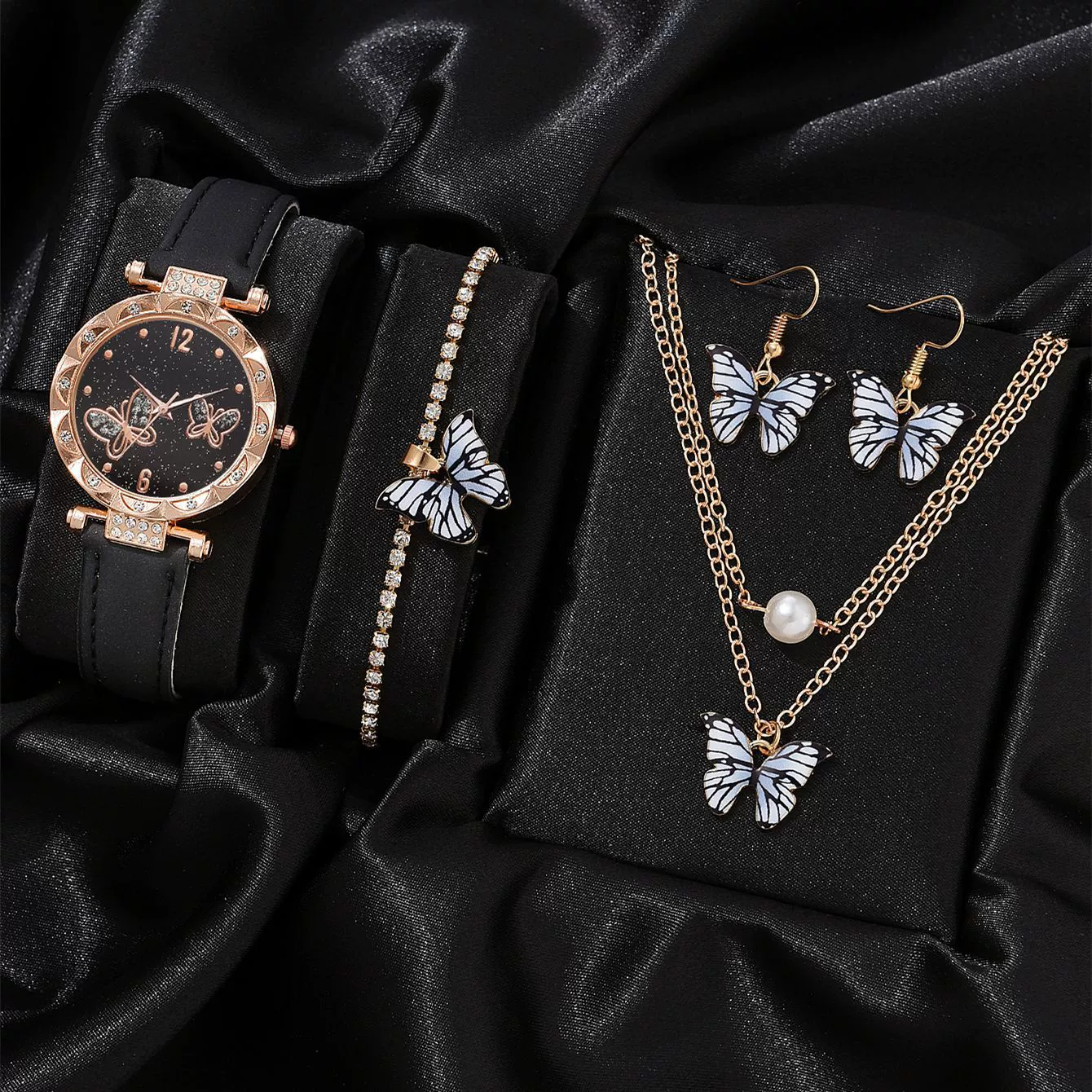 Women's Alloy Case Ordinary Glass Mirror Imitation Leather Strap Round Dial Leisure Style Watch And Bracelet Necklace Suit - Image 12
