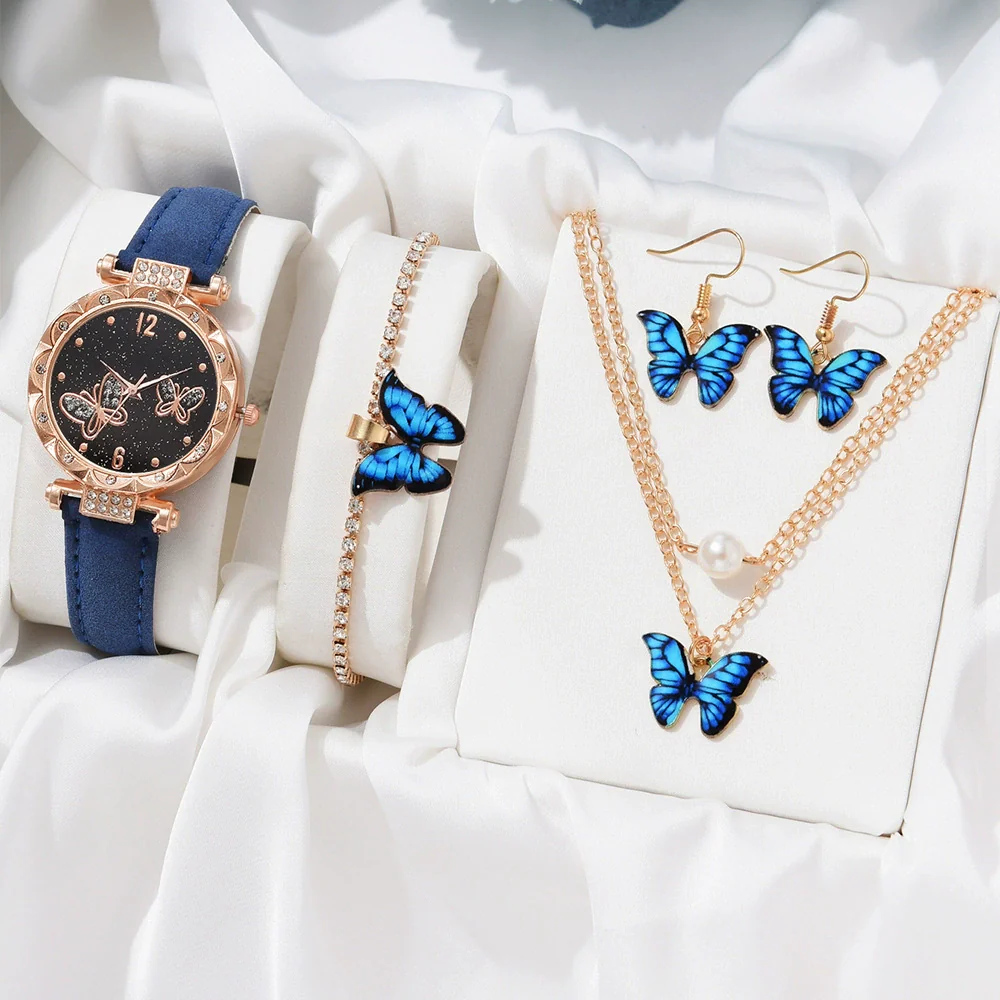 Women's Alloy Case Ordinary Glass Mirror Imitation Leather Strap Round Dial Leisure Style Watch And Bracelet Necklace Suit - Image 13