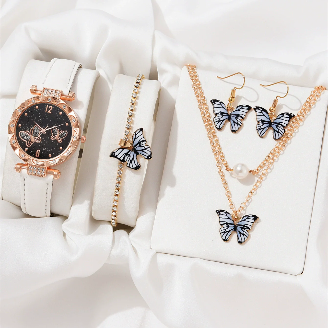 Women's Alloy Case Ordinary Glass Mirror Imitation Leather Strap Round Dial Leisure Style Watch And Bracelet Necklace Suit - Image 17