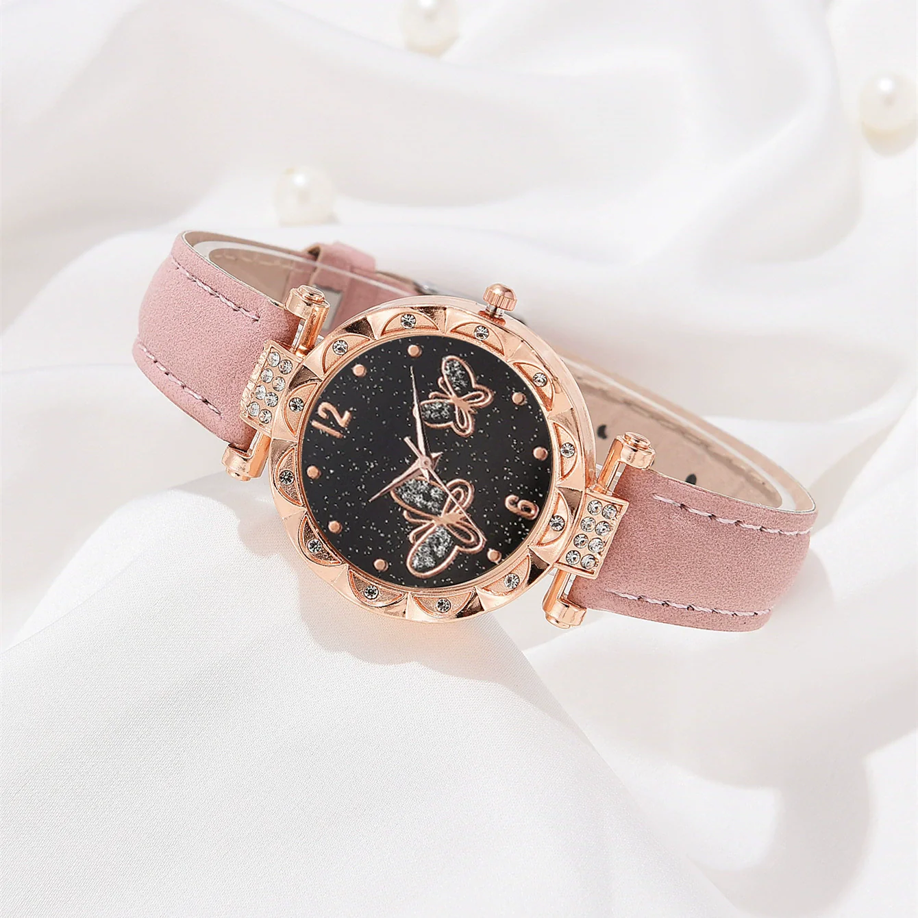 Women's Alloy Case Ordinary Glass Mirror Imitation Leather Strap Round Dial Leisure Style Watch And Bracelet Necklace Suit - Image 4