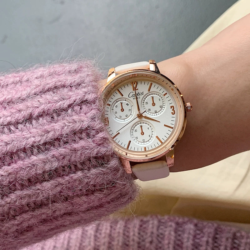 Women's Alloy Case Quartz Watch With Imitation Leather Strap And Stainless Steel Horseshoe Buckle Round Dial Sports Style - Image 2
