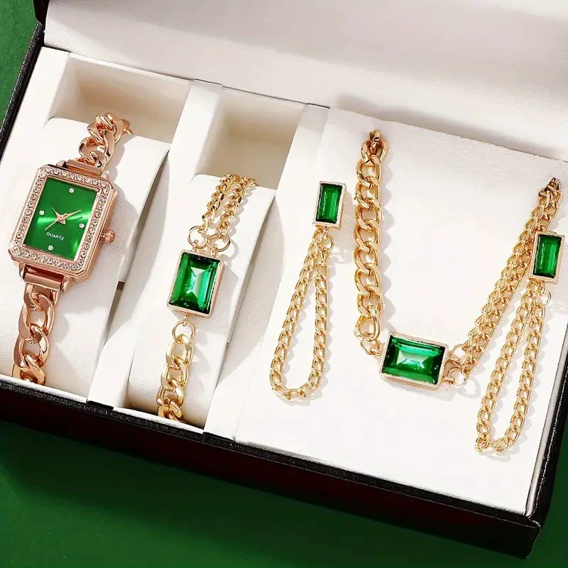 Women's Alloy Case Stainless Steel Strap Square Quartz Watch With Matching Jewelry Set Fashion Simple Elegant Leisure Style