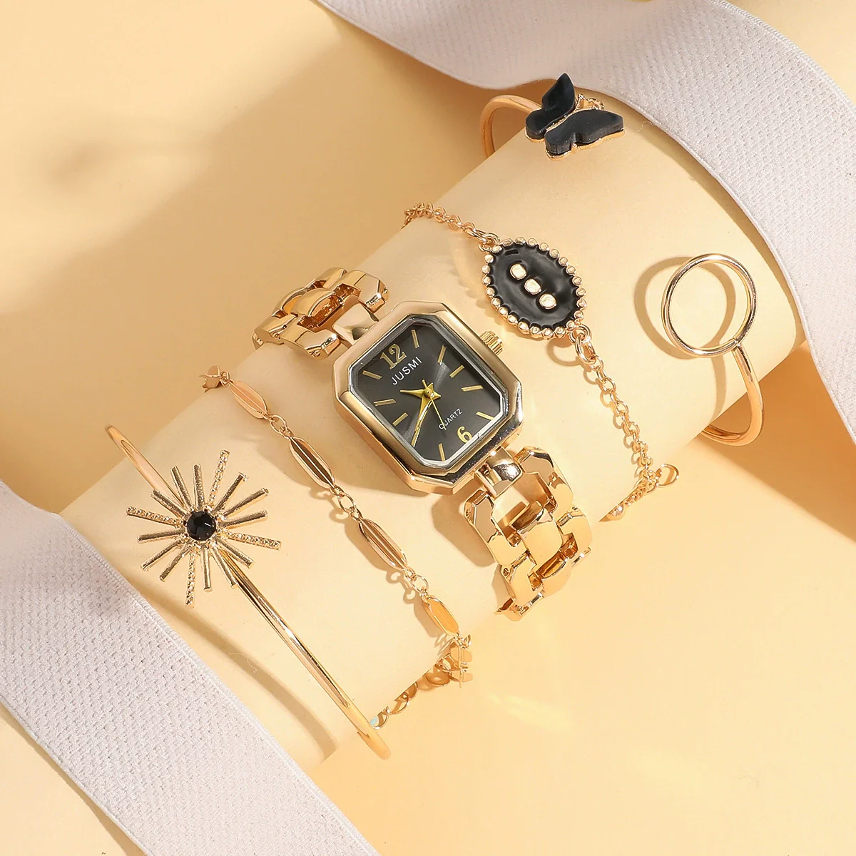 Women's Alloy Chain Watch And Butterfly Bracelet Fivepiece Set Square Shape Elegant Fashion Business Style