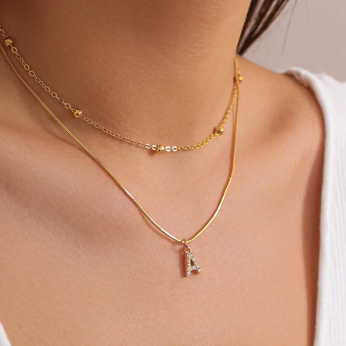 Women's Alloy Double Layer Snake Bone Necklace With Diamond And English Letter Pendant - Image 2