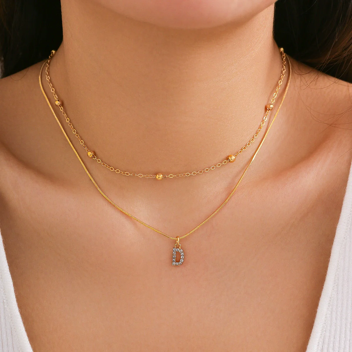 Women's Alloy Double Layer Snake Bone Necklace With Diamond And English Letter Pendant - Image 3