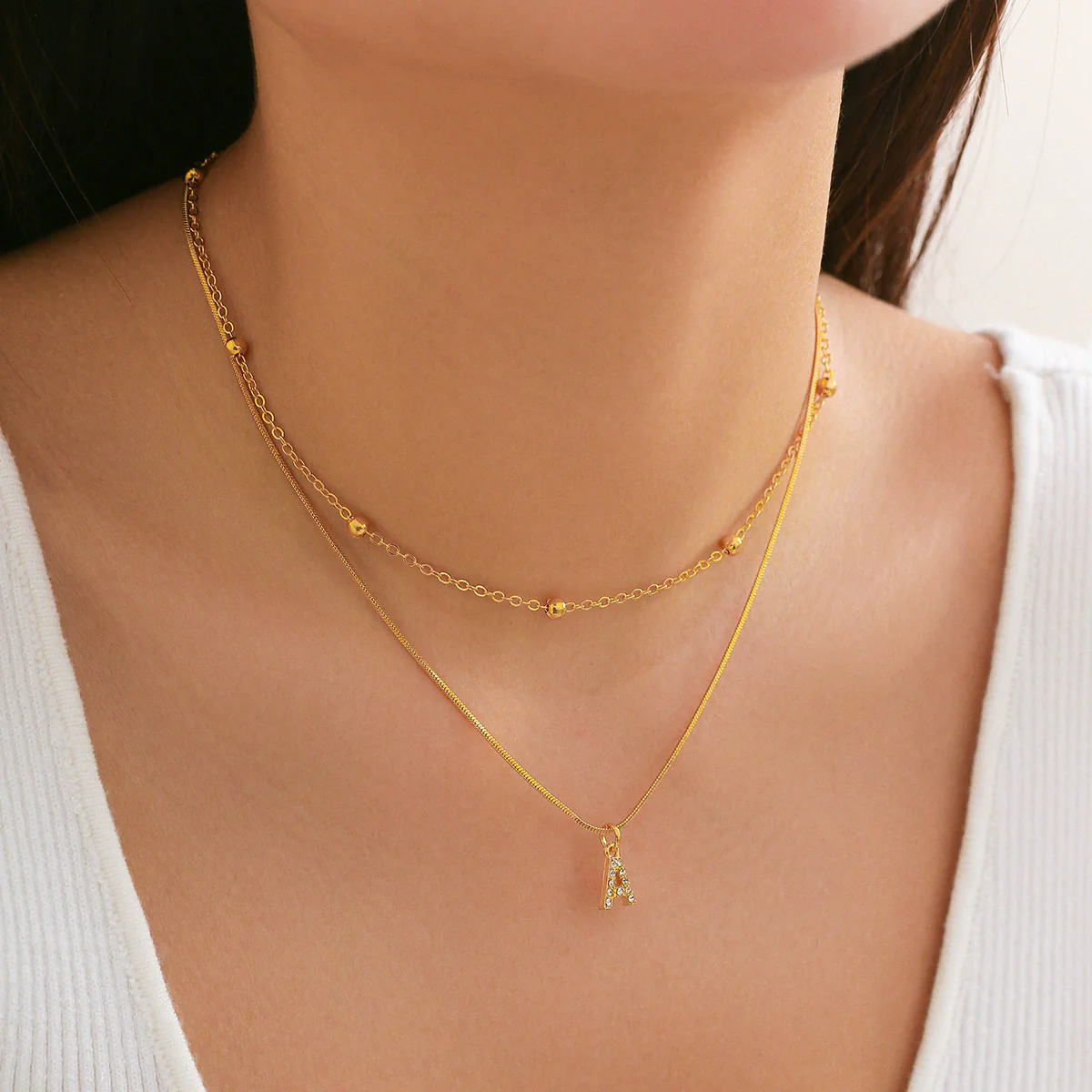 Women's Alloy Double Layer Snake Bone Necklace With Diamond And English Letter Pendant - Image 6