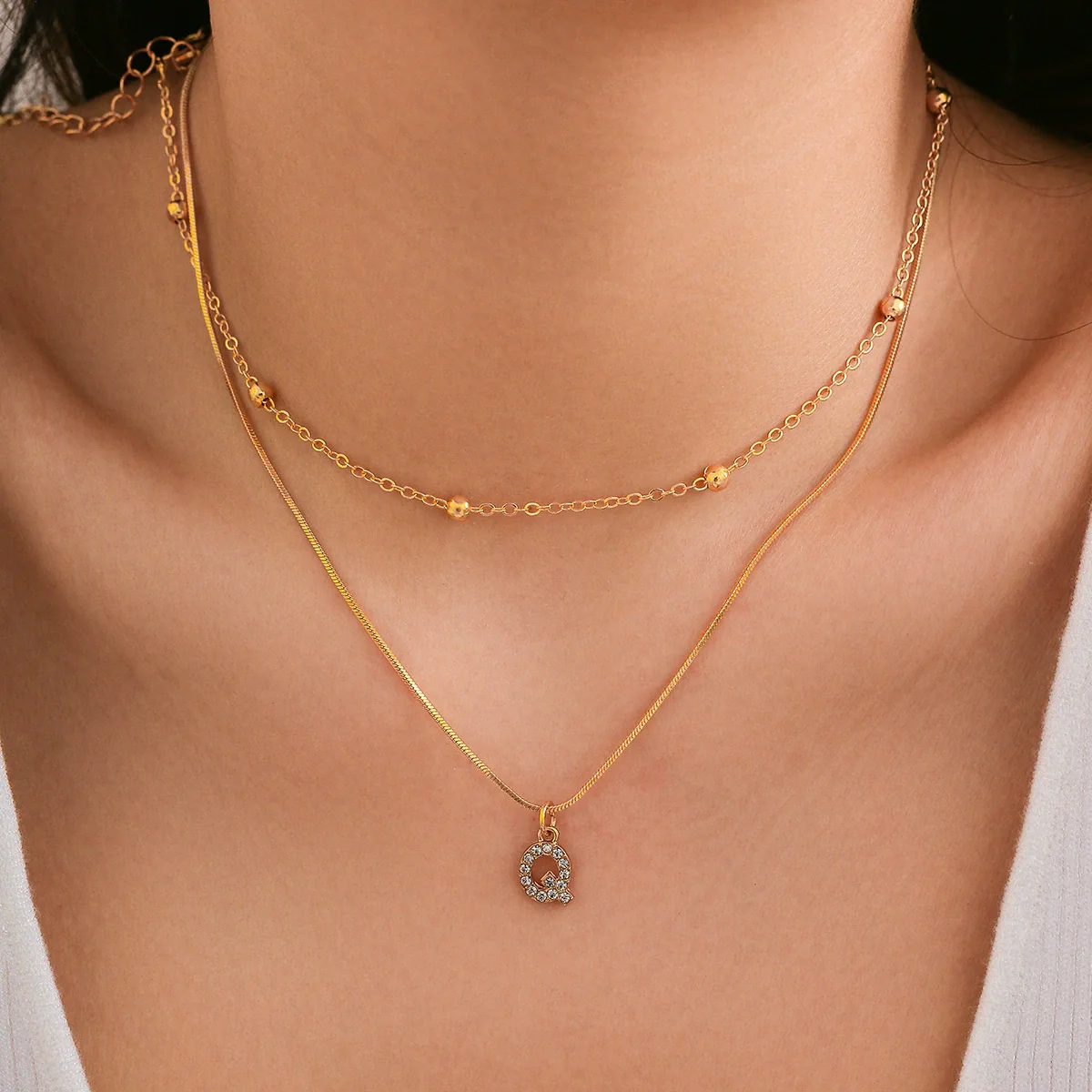 Women's Alloy Double Layer Snake Bone Necklace With Diamond And English Letter Pendant - Image 7