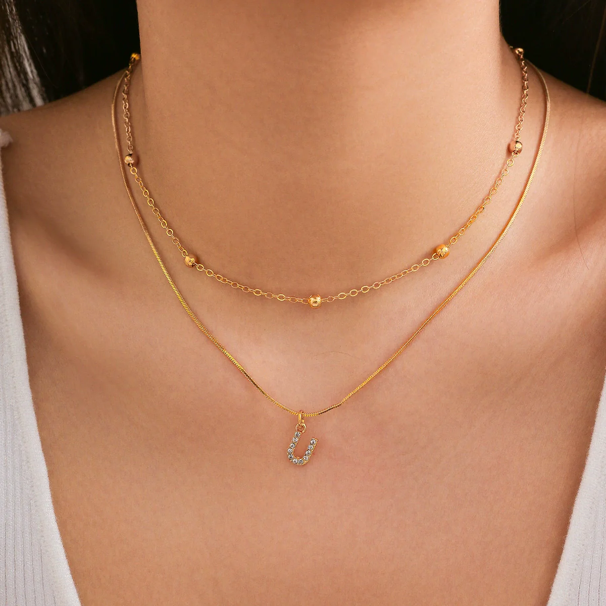 Women's Alloy Double Layer Snake Bone Necklace With Diamond And English Letter Pendant - Image 8