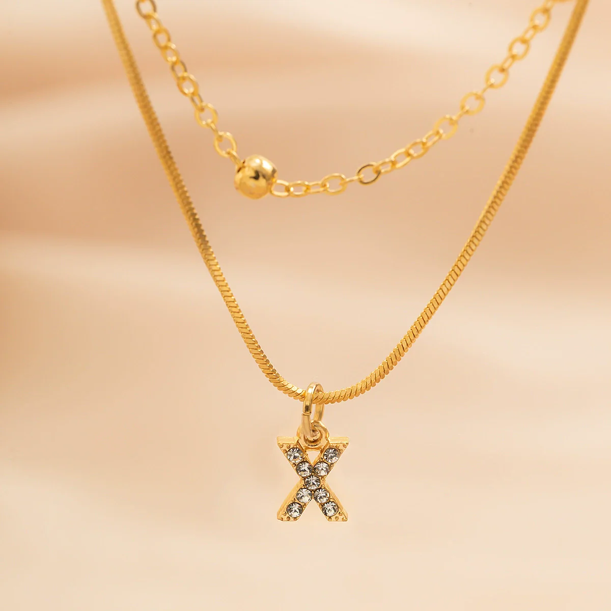 Women's Alloy Double Layer Snake Bone Necklace With Diamond And English Letter Pendant - Image 9