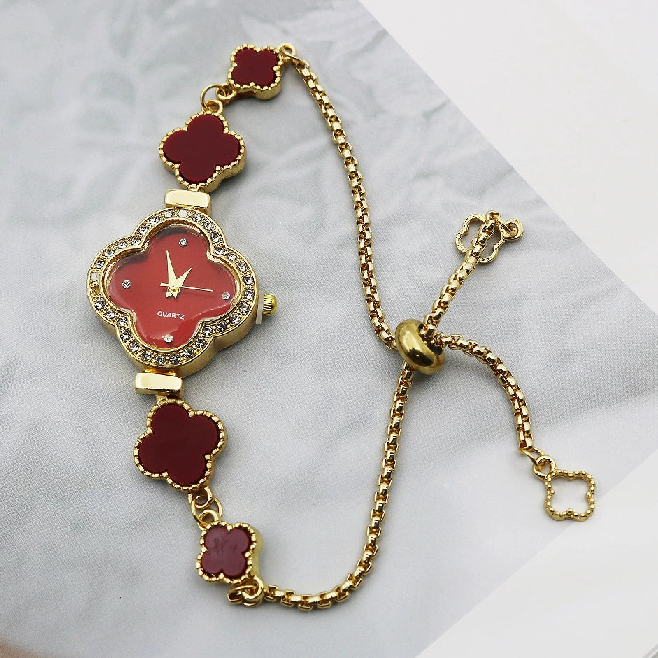 Women's Alloy Fourleaf Clover Shaped Diamondencrusted Casual Watch - Image 4