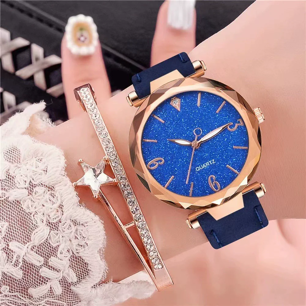 Women's Alloy Frosted Digital Quartz Watch And Fivepointed Star Bracelet Twopiece Set Leisure Style Pin Buckle Titanium Spiral Crown - Image 13