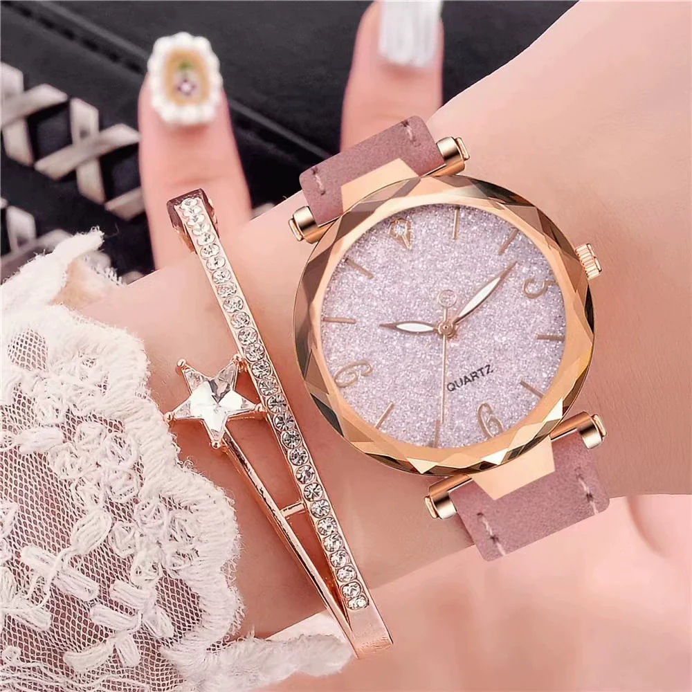 Women's Alloy Frosted Digital Quartz Watch And Fivepointed Star Bracelet Twopiece Set Leisure Style Pin Buckle Titanium Spiral Crown - Image 15