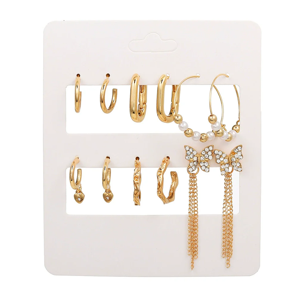 Women's Alloy Geometric Heart Metal Stud Earrings Set With Diamond And Oil Pearl Butterfly Lock Love Design - Image 11