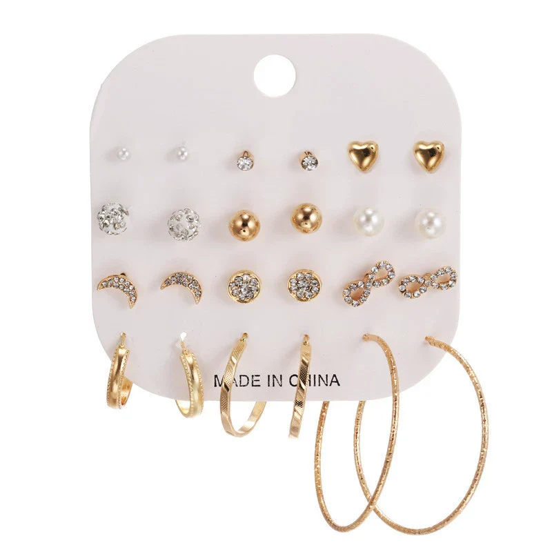 Women's Alloy Geometric Heart Metal Stud Earrings Set With Diamond And Oil Pearl Butterfly Lock Love Design - Image 14