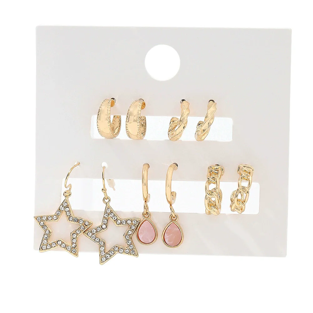 Women's Alloy Geometric Heart Metal Stud Earrings Set With Diamond And Oil Pearl Butterfly Lock Love Design - Image 19