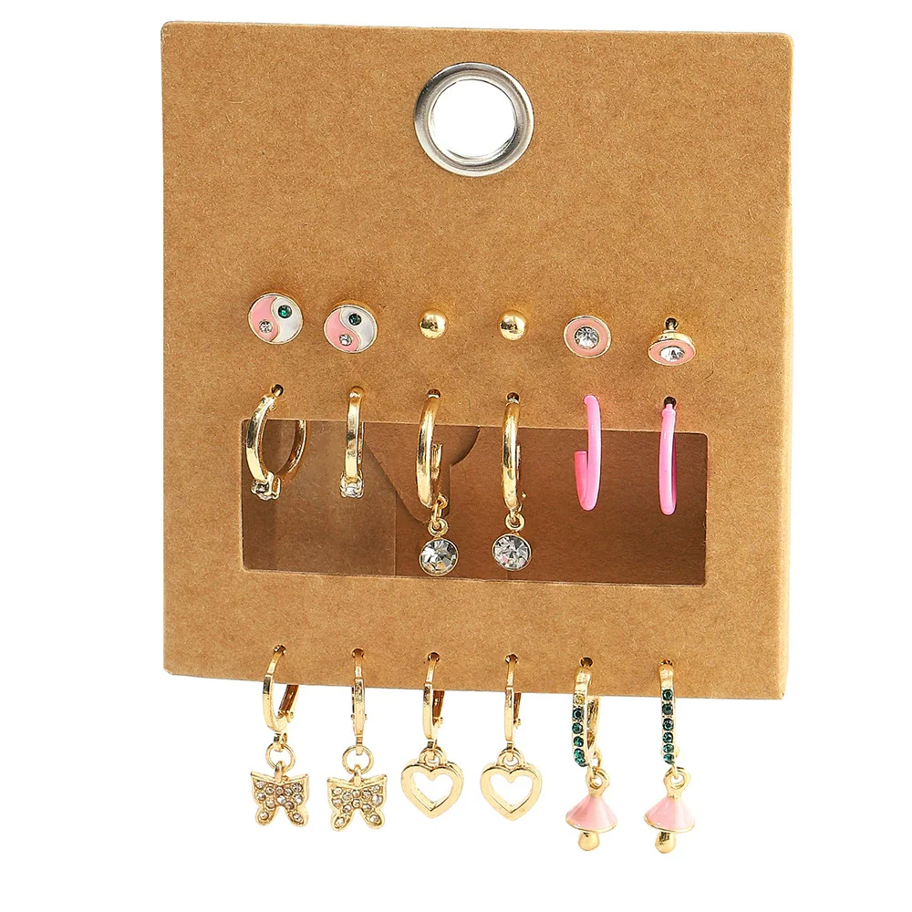Women's Alloy Geometric Heart Metal Stud Earrings Set With Diamond And Oil Pearl Butterfly Lock Love Design - Image 21
