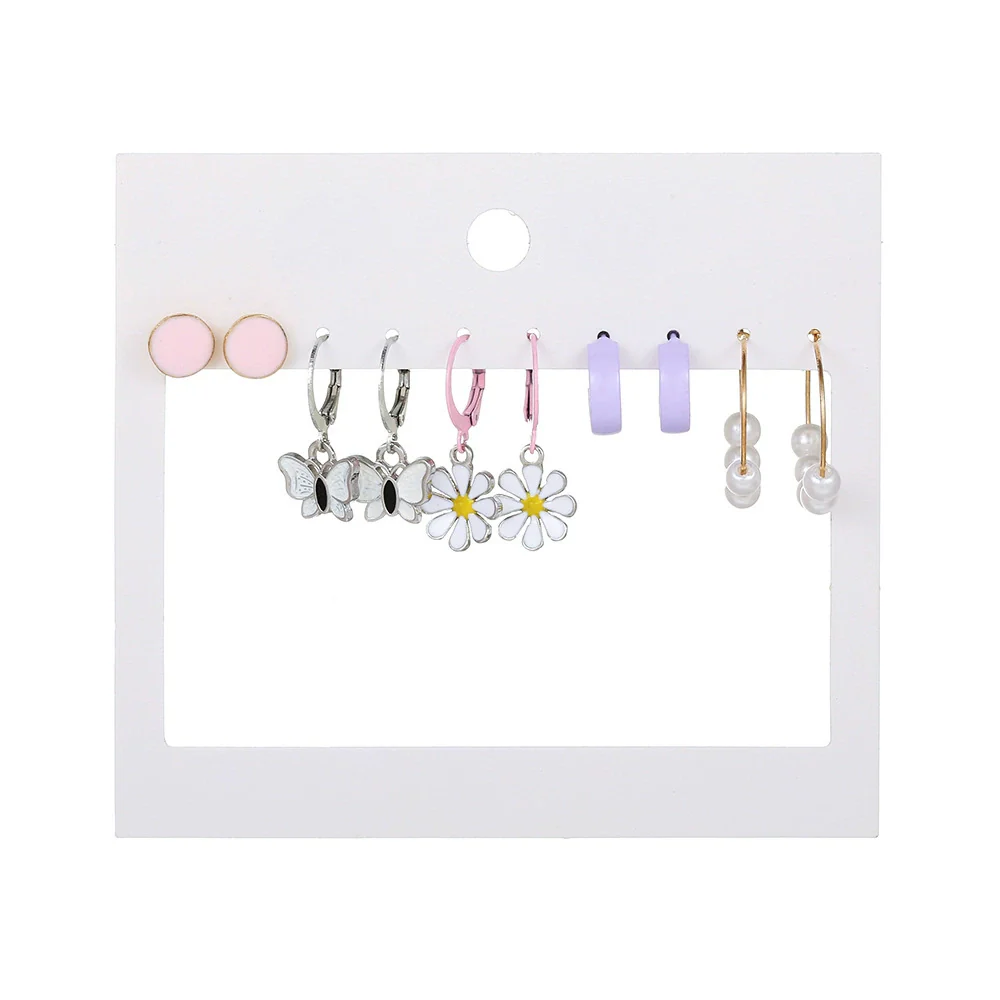 Women's Alloy Geometric Heart Metal Stud Earrings Set With Diamond And Oil Pearl Butterfly Lock Love Design - Image 26