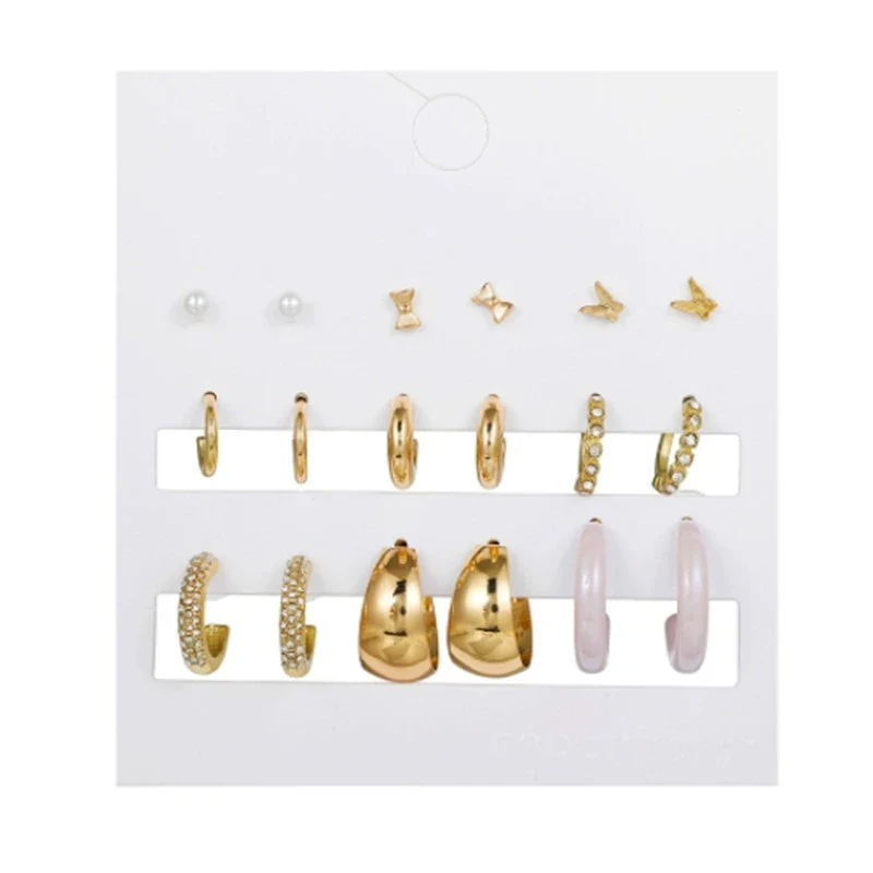 Women's Alloy Geometric Heart Metal Stud Earrings Set With Diamond And Oil Pearl Butterfly Lock Love Design - Image 27