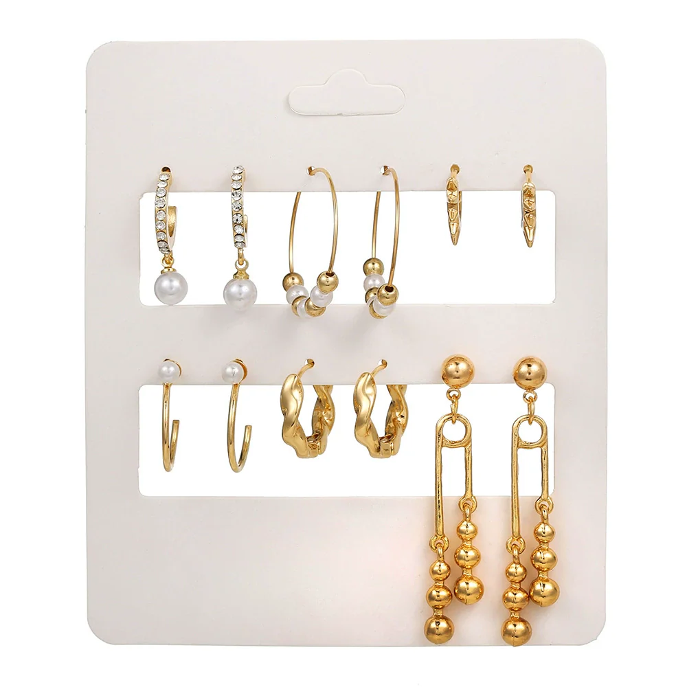 Women's Alloy Geometric Heart Metal Stud Earrings Set With Diamond And Oil Pearl Butterfly Lock Love Design - Image 8