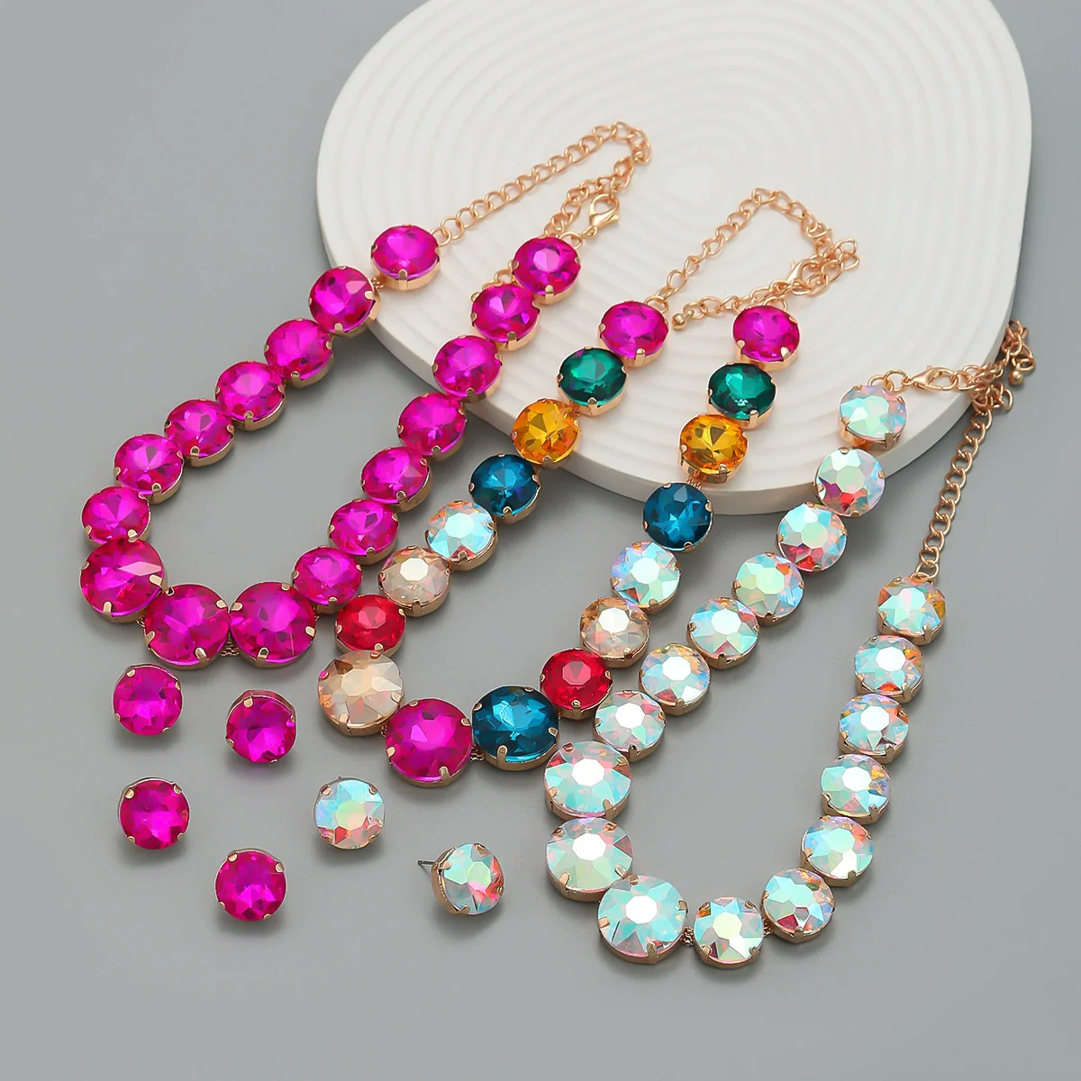 Women's Alloy Geometric Round Glass Diamond Earrings And Necklace Combination Set