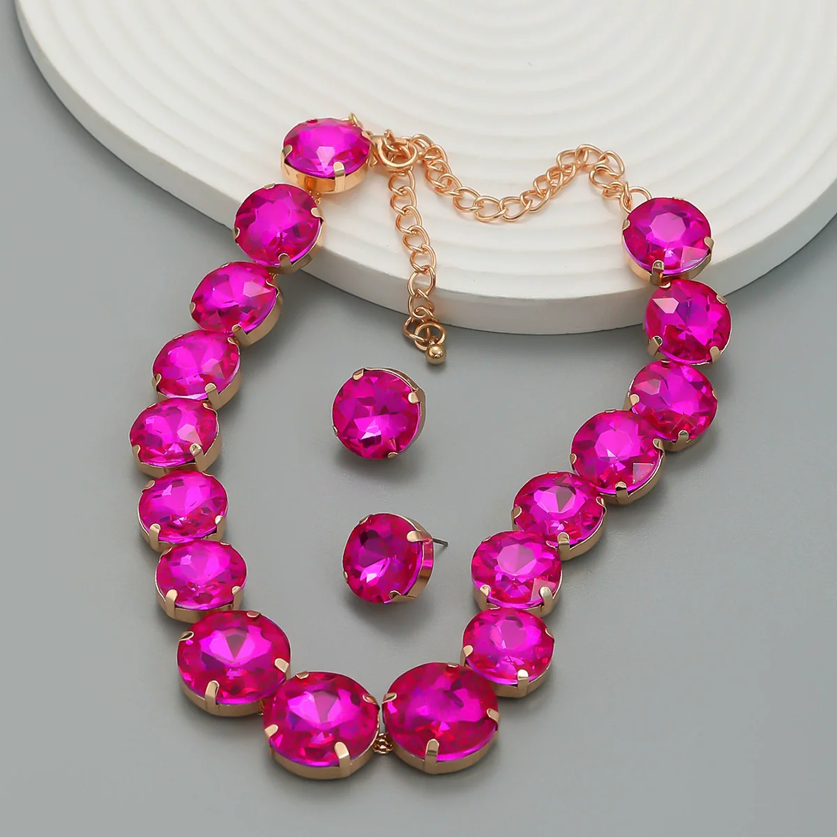 Women's Alloy Geometric Round Glass Diamond Earrings And Necklace Combination Set - Image 2
