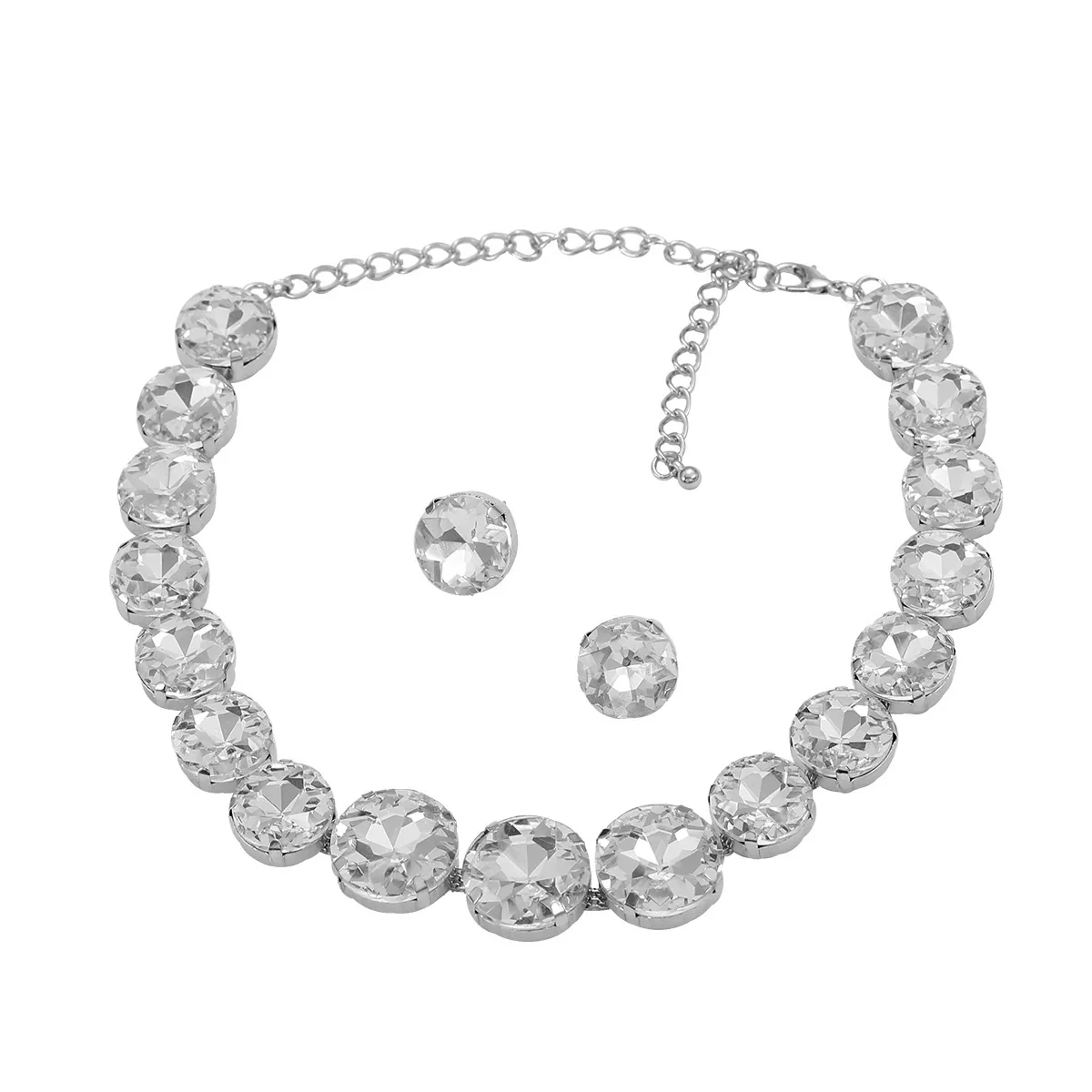 Women's Alloy Geometric Round Glass Diamond Earrings And Necklace Combination Set - Image 5