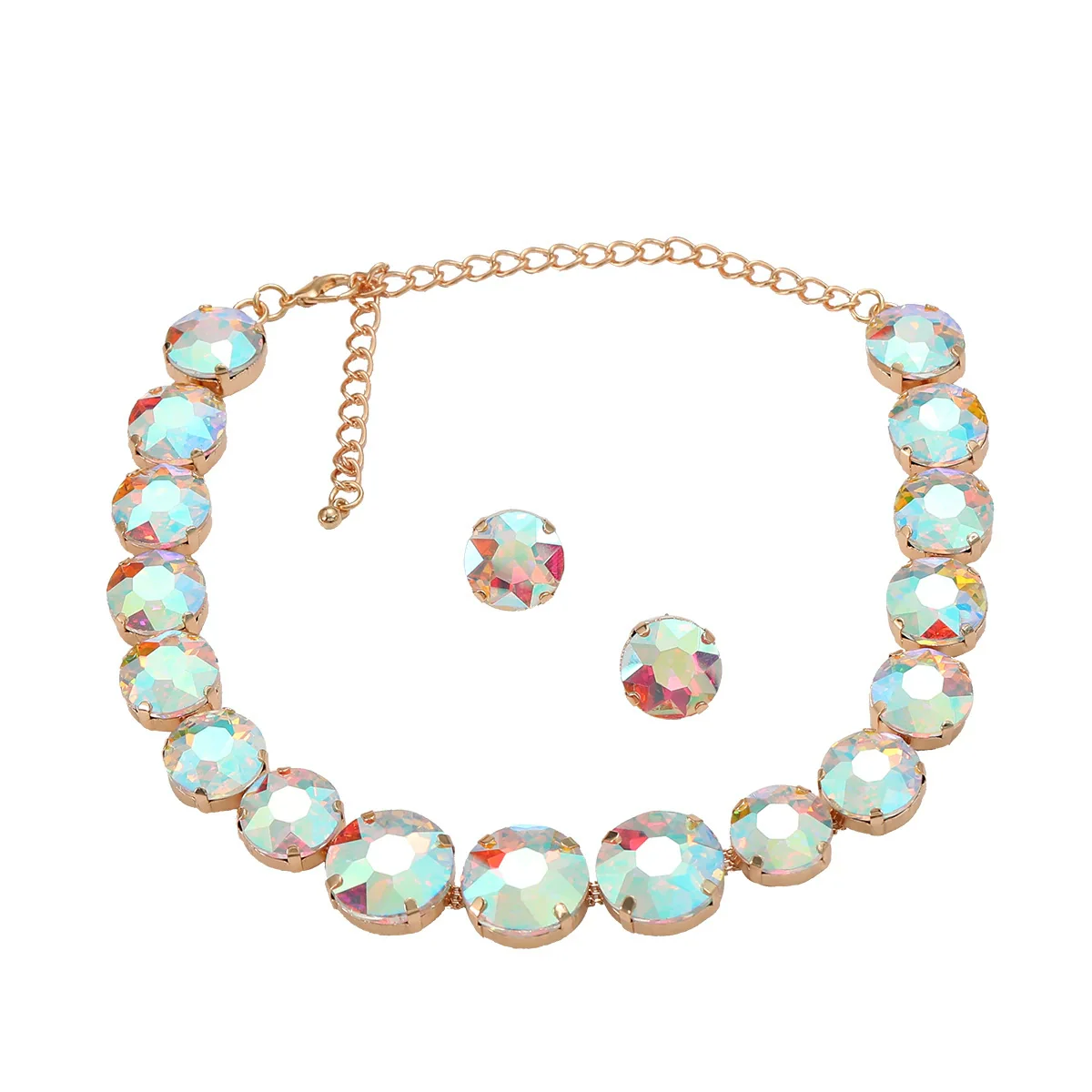 Women's Alloy Geometric Round Glass Diamond Earrings And Necklace Combination Set - Image 6