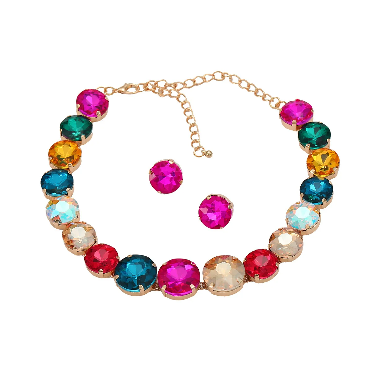 Women's Alloy Geometric Round Glass Diamond Earrings And Necklace Combination Set - Image 7