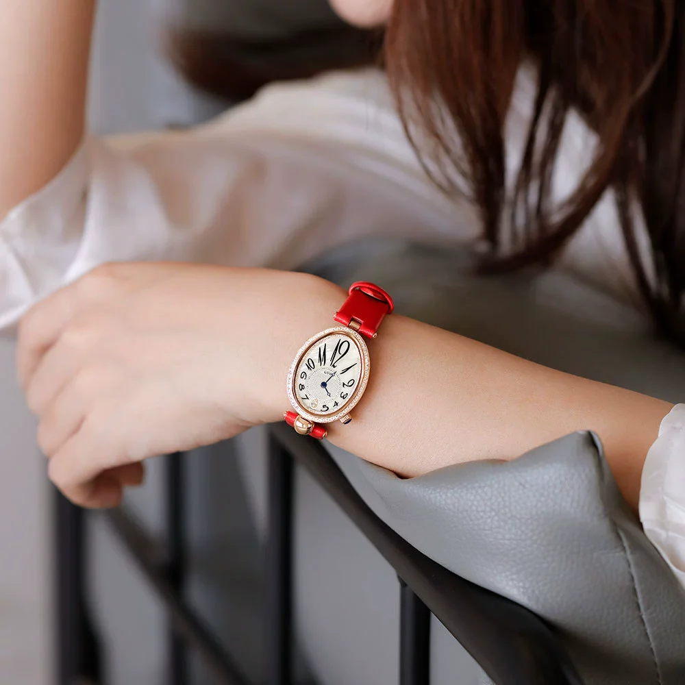 Women's Alloy Leather Gold Clasp Oval Dial Fashion Waterproof Quartz Watch - Image 11