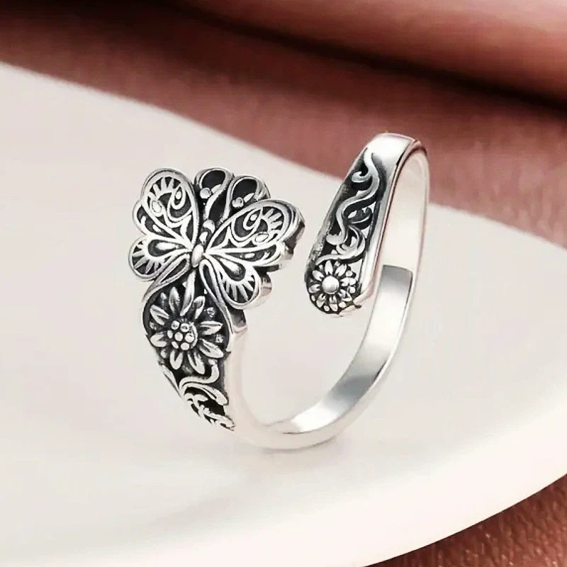 Women's Alloy Open Adjustable Ring With Butterfly Relief Animal Zodiac And Flower Geometric Patterns Electroplated - Image 2