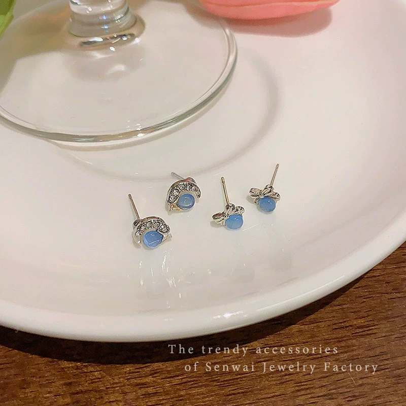 Women's Alloy S925 Silver Needle Blue Opalite Moon Bow Electroplated Earrings - Image 3