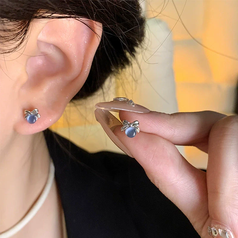 Women's Alloy S925 Silver Needle Blue Opalite Moon Bow Electroplated Earrings - Image 5