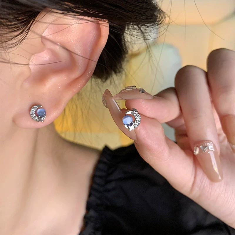 Women's Alloy S925 Silver Needle Blue Opalite Moon Bow Electroplated Earrings - Image 6