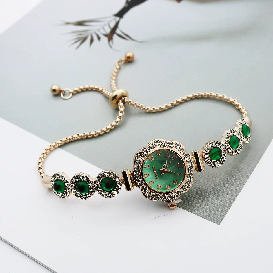 Women's Alloy Stainless Steel Luxury Elegant Fashion Quartz Watch With Chalcedony Bracelet And Pull Rope Free Adjustment