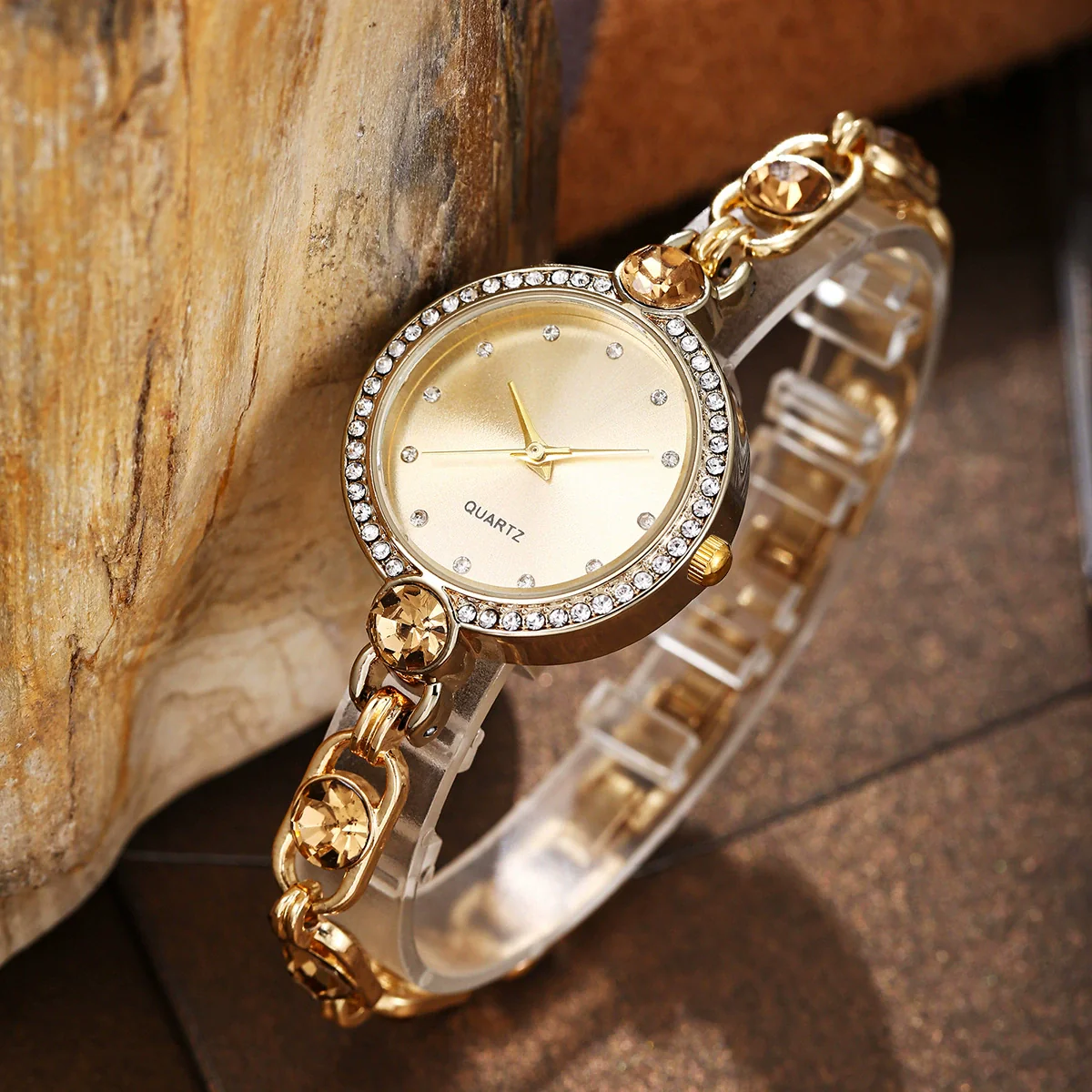 Women's Alloy Watch And Gemstone Bracelet With Round Dial And Horseshoe Buckle Leisure Style - Image 4
