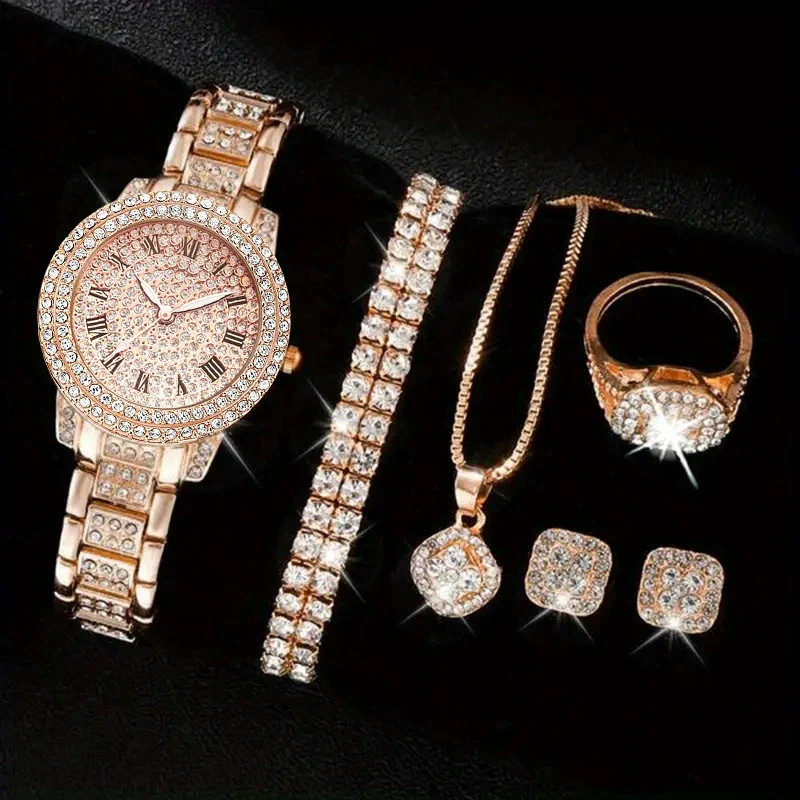 Women's Alloy Watch Fivepiece Set Round Dial Spiral Crown Pin Buckle Ordinary Glass Mirror Leisure Style