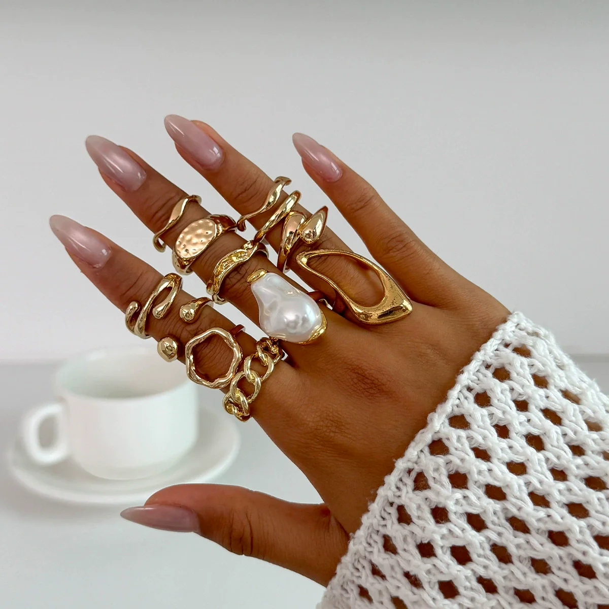 Women's Asymmetrical Metal Ring Alloy Geometric Internet Celebrity Style Electroplated Imitation Pearl Joint - Image 10
