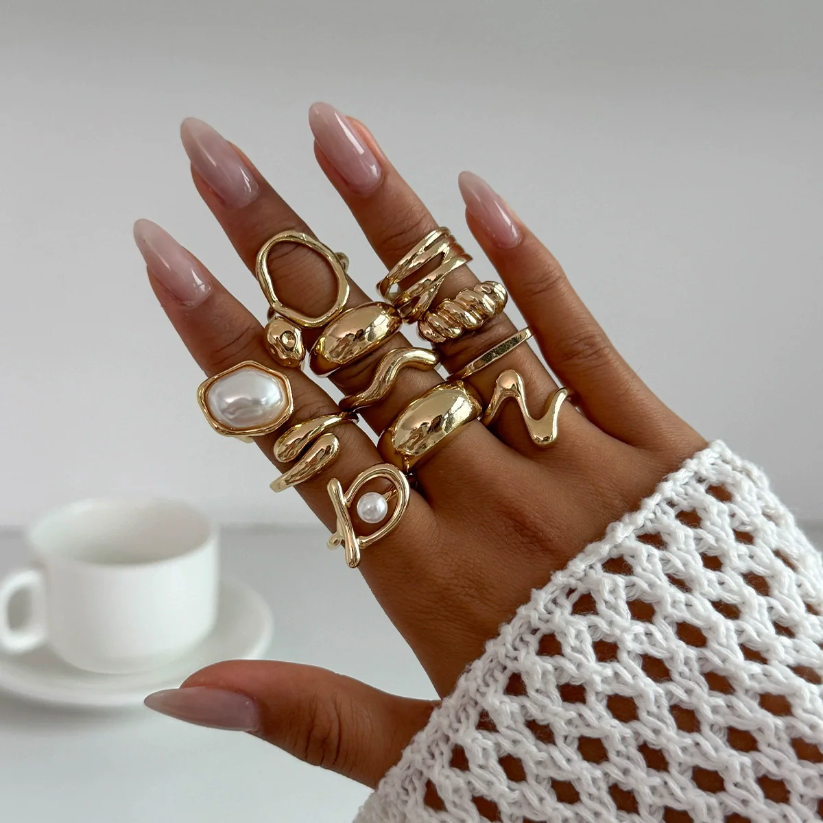 Women's Asymmetrical Metal Ring Alloy Geometric Internet Celebrity Style Electroplated Imitation Pearl Joint - Image 11