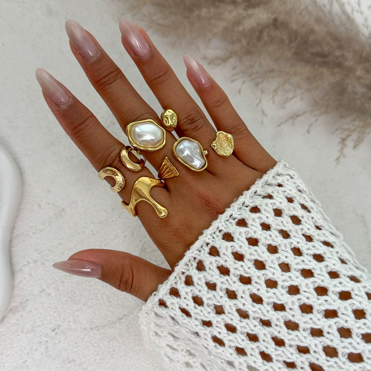 Women's Asymmetrical Metal Ring Alloy Geometric Internet Celebrity Style Electroplated Imitation Pearl Joint - Image 12